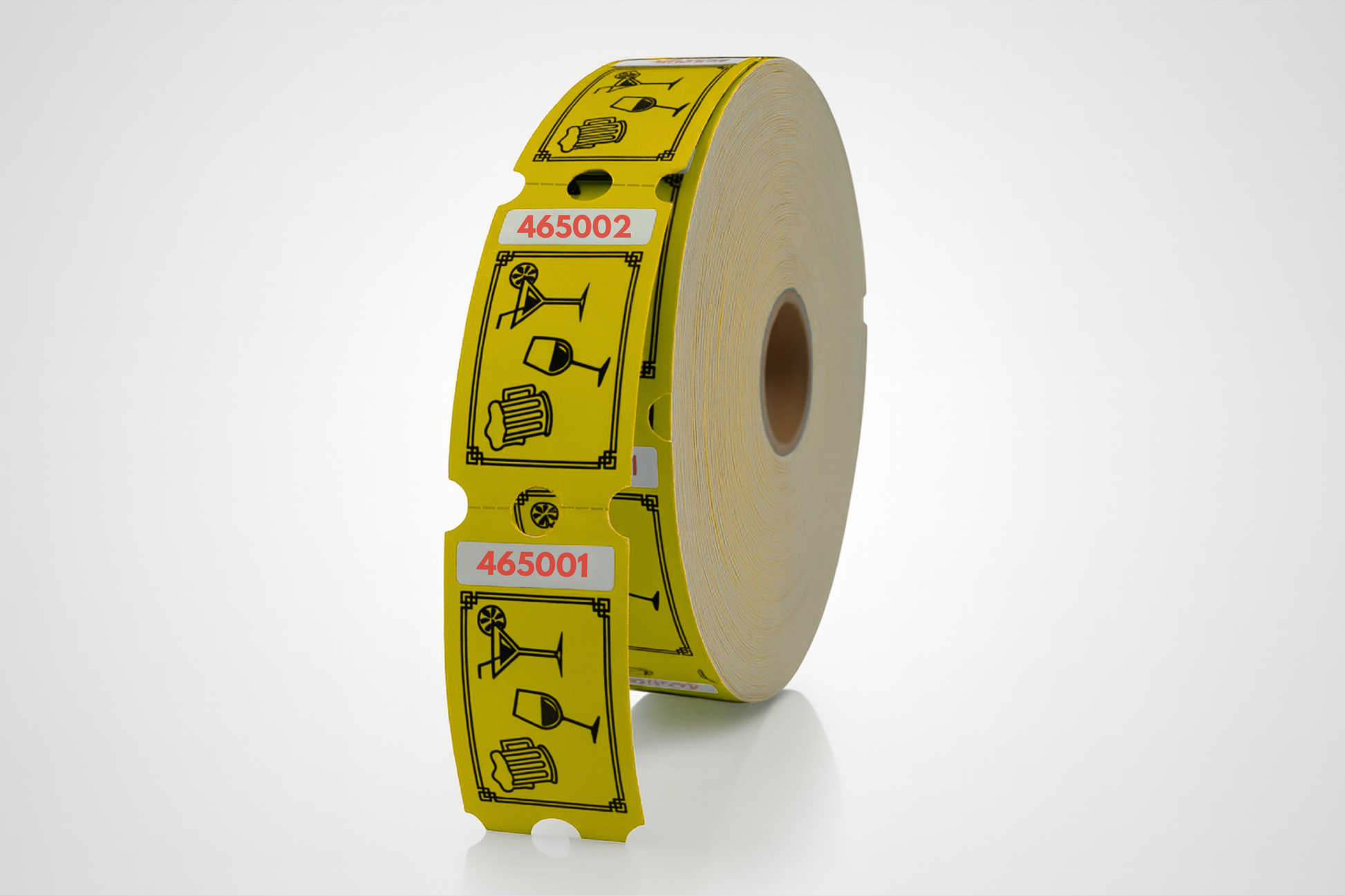 Gule Drinksbilletter med motiv af en øl, vin og sodavand (1000stk). Billetter fra JM Band®.