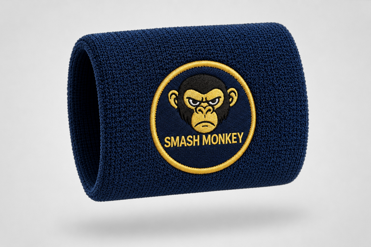 Blåt svedarmbånd med broderet logo og tekst – svedarmbånd med eget design fra JM Band®